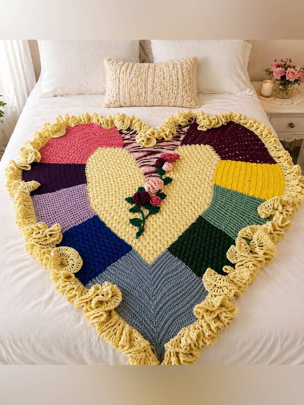 Hand Crocheted Heart Throw Blanket Bed Topper Cottagecore Heirloom Floral‎